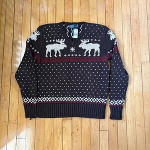 Polo Ralph Lauren Sweater Mens Large Brown Cotton Linen Moose Fair Isle V-Neck